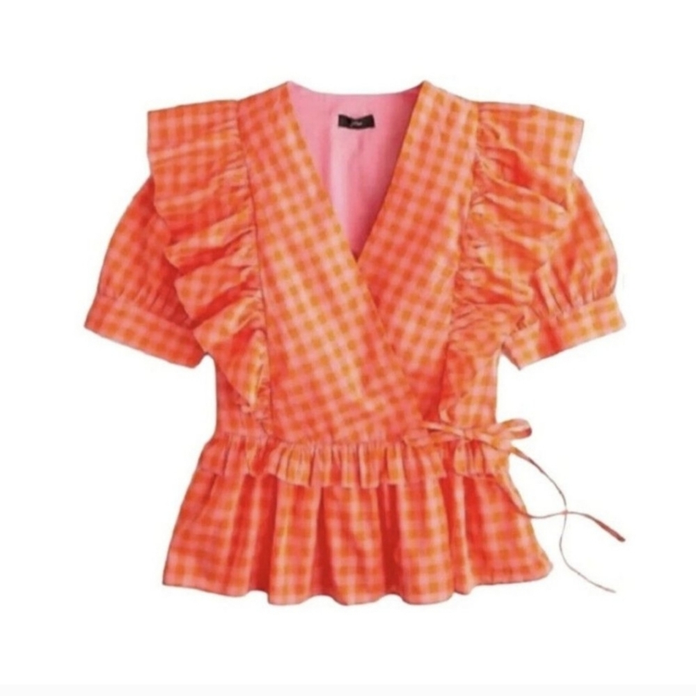 NWT J Crew Gingham Ruffle Wrap Peplum Gingham Cotton Blouse size L Pink Orange